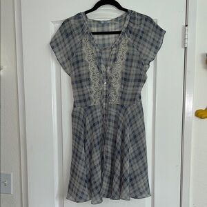 Kimchi Blue Blue & White Plaid Lace-Panel Blouse